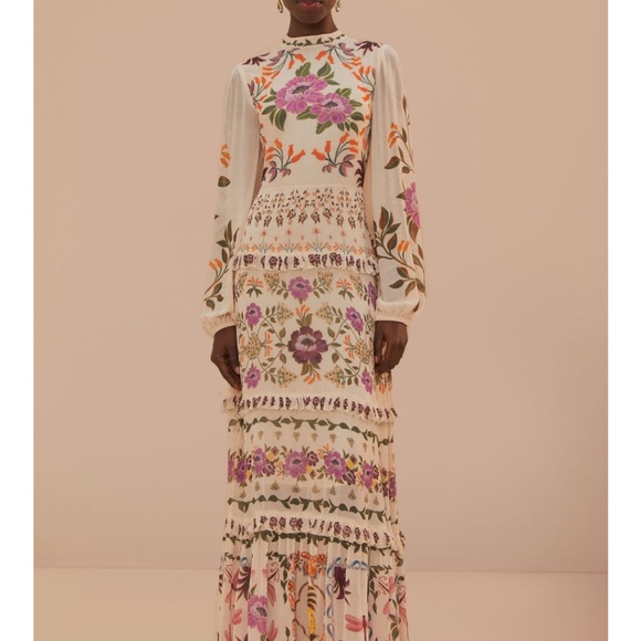 ♥️ FARM Rio Cream Winter Garden Ruffle Maxi Dress - Picture 6 of 11